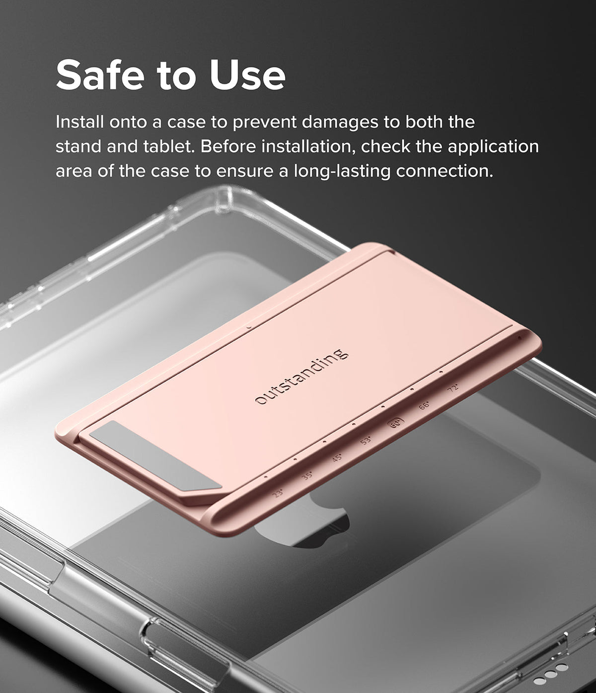 Outstanding | Tablet Stand - A rose gold folding tablet stand hovering above a clear protective tablet case.