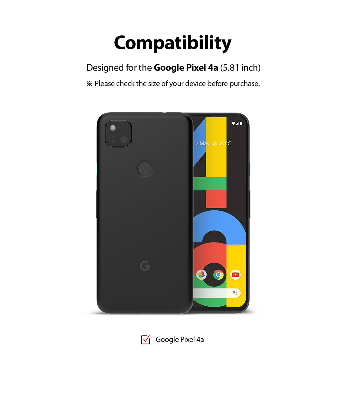 Google Pixel 4a Screen Protector | Dual Easy Film - Front and back views of a black Google Pixel 4a smartphone.
