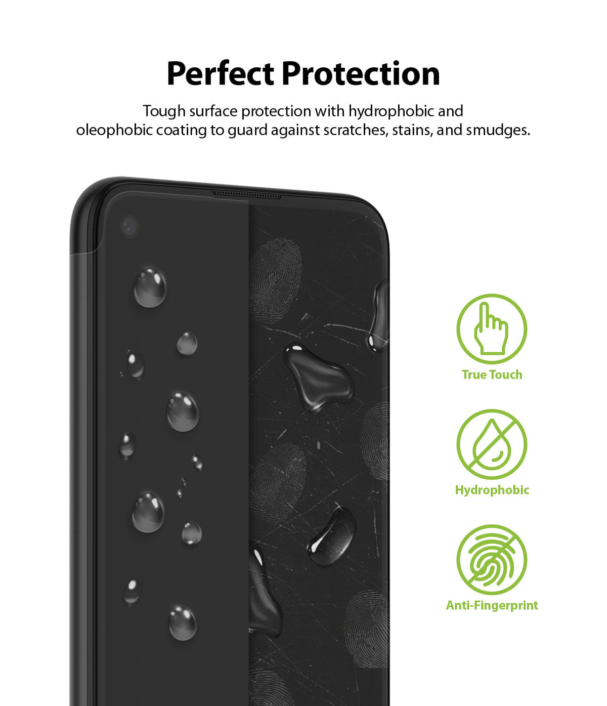 Google Pixel 4a Screen Protector | Dual Easy Film - Google Pixel 4a Screen Protector - Smartphone screen showing water beads and fingerprint resistance icons.