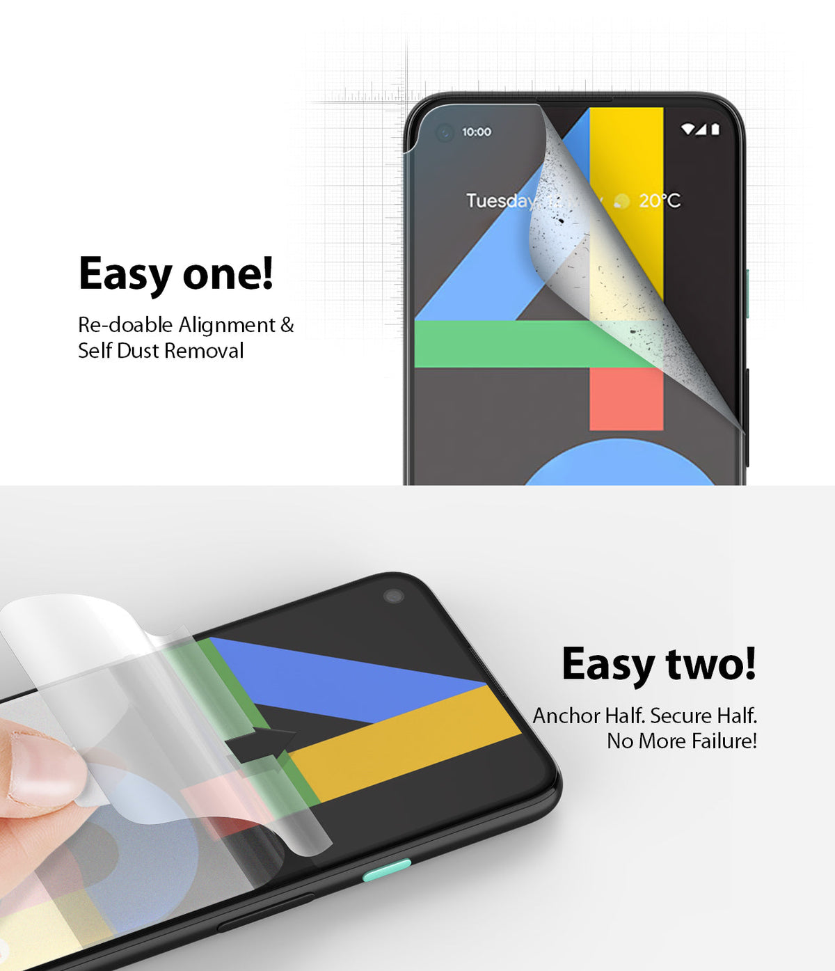 Google Pixel 4a Screen Protector | Dual Easy Film - Two-step installation guide showing screen protector application.