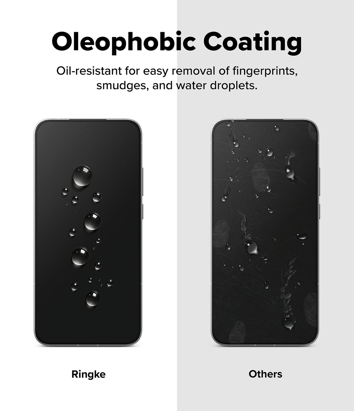 Poco F7 Screen Protector | Easy Slide Tempered Glass - Poco F7 Screen Protector - Comparison showing water beading on a clean Ringke screen versus smudged screen on others.