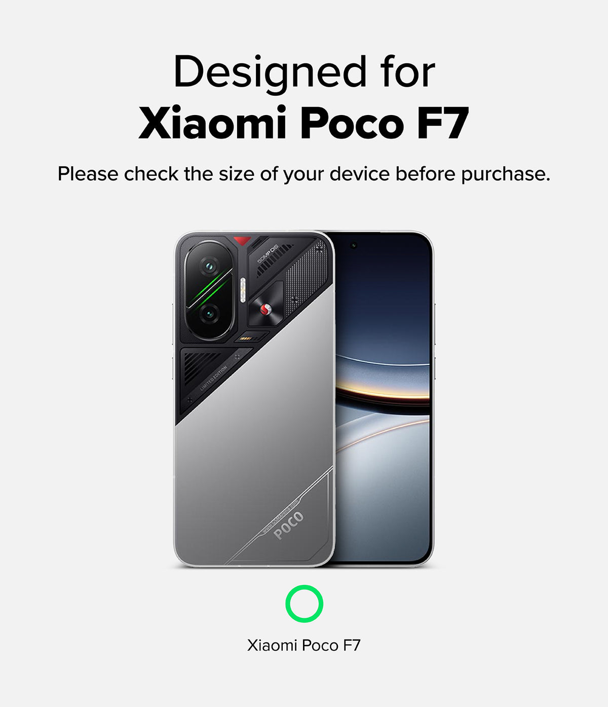 Poco F7 Screen Protector | Easy Slide Tempered Glass - Poco F7 Screen Protector - Xiaomi Poco F7 smartphone shown from front and back with text confirming device compatibility.