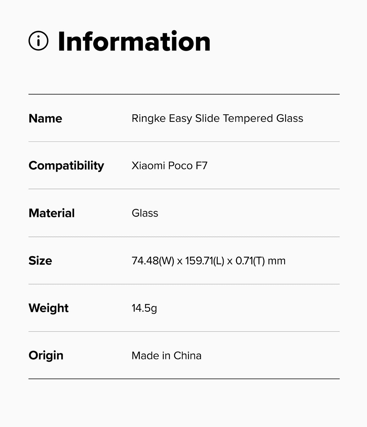 Poco F7 Screen Protector | Easy Slide Tempered Glass - Poco F7 Screen Protector - Information table listing product name, compatibility, material, size, weight, and origin.