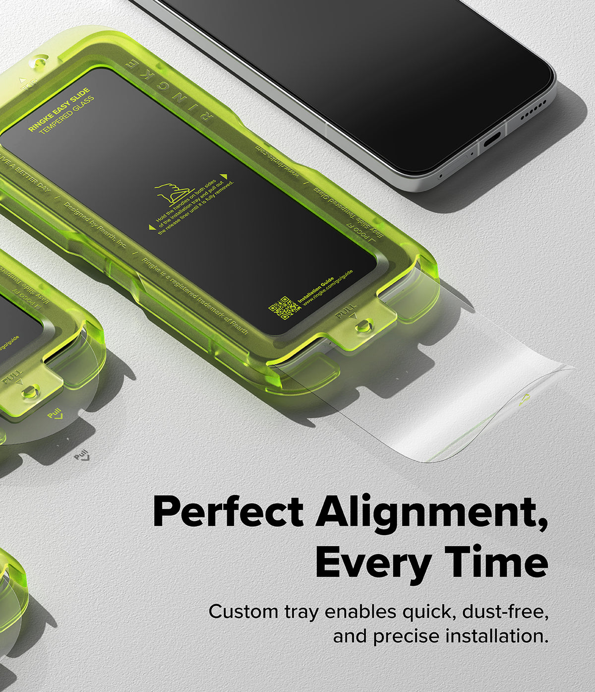 Poco F7 Screen Protector | Easy Slide Tempered Glass - Poco F7 Screen Protector - A green installation tray for a Poco F7 screen protector with a pull-tab liner being removed.