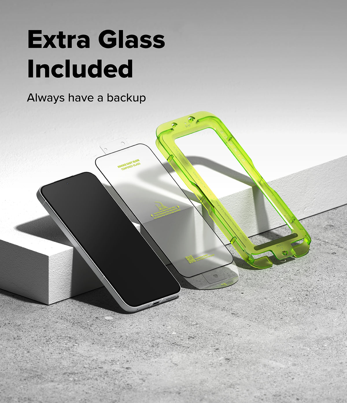 Poco F7 Screen Protector | Easy Slide Tempered Glass - Poco F7 Screen Protector - Smartphone with two tempered glass screen protectors and a green installation alignment frame.