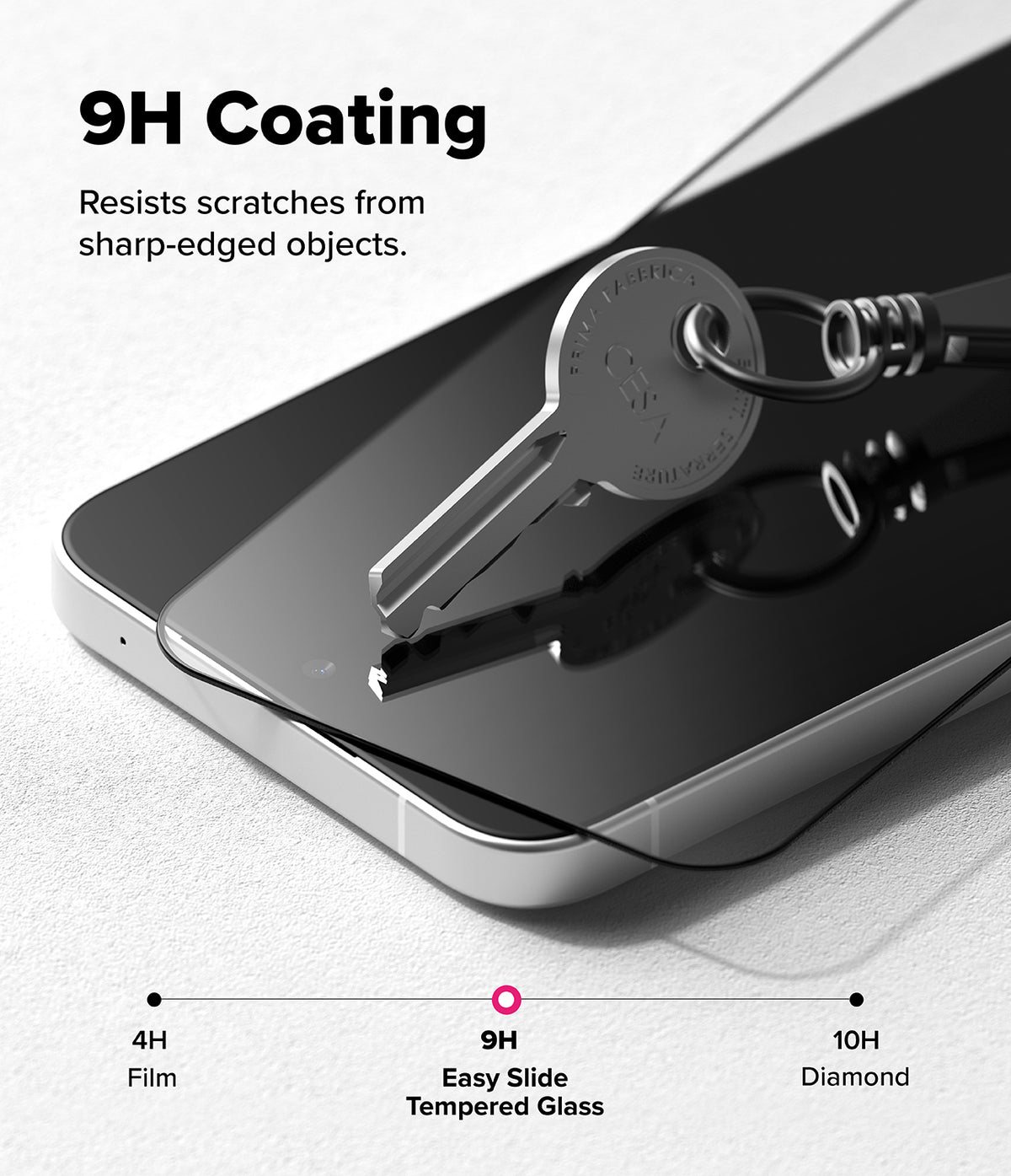 Poco F7 Screen Protector | Easy Slide Tempered Glass - Poco F7 Screen Protector - A metal key resting on a phone screen with 9H coating text and a hardness scale graphic.