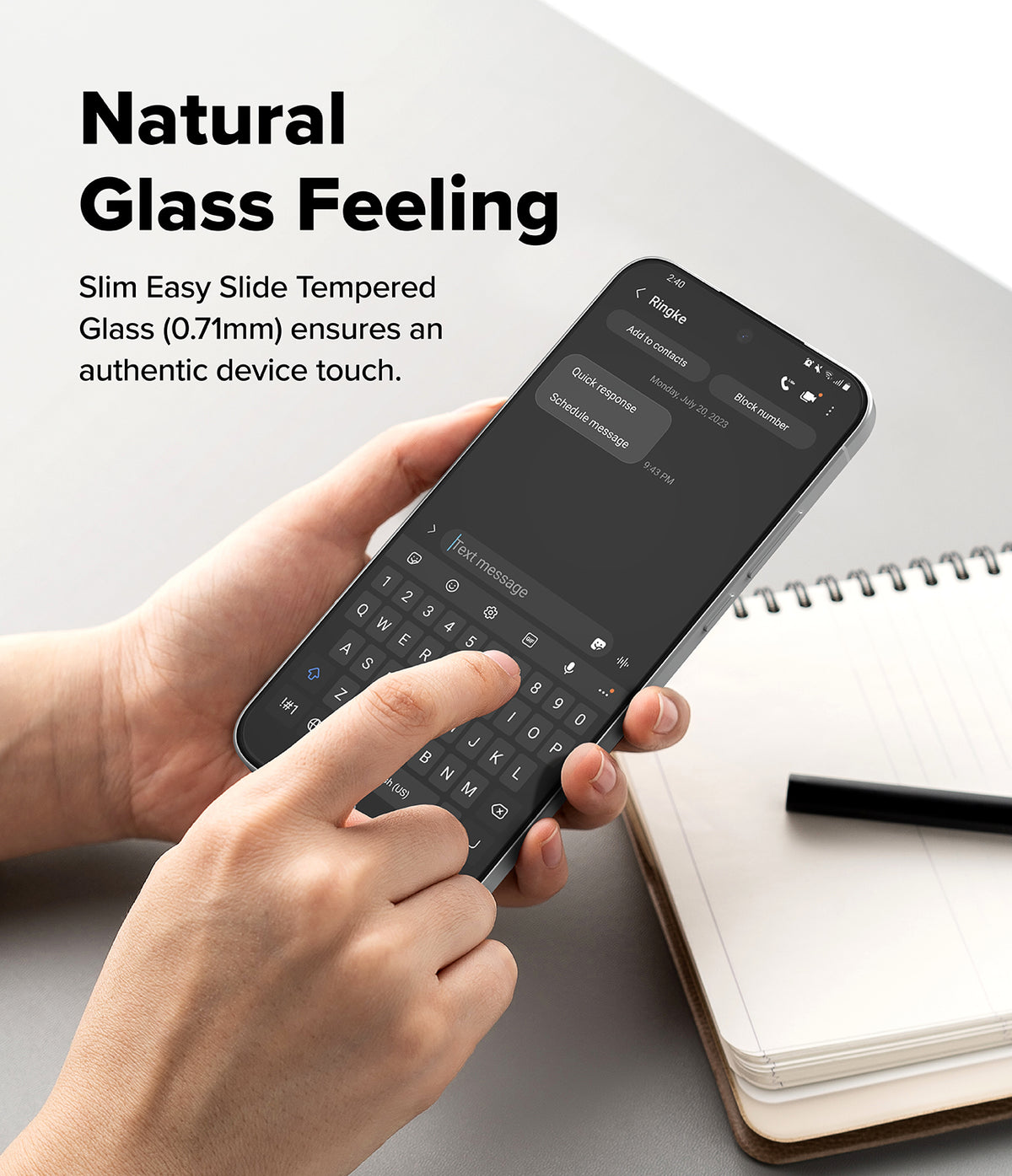 Poco F7 Screen Protector | Easy Slide Tempered Glass - Poco F7 Screen Protector - Hands holding a smartphone with a tempered glass screen protector while typing on the keyboard.