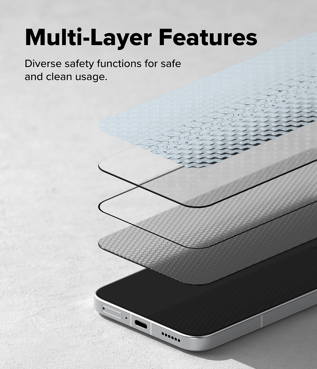 Poco F7 Screen Protector | Easy Slide Tempered Glass - Poco F7 Screen Protector - Exploded view showing multiple protective layers stacked above a smartphone screen.