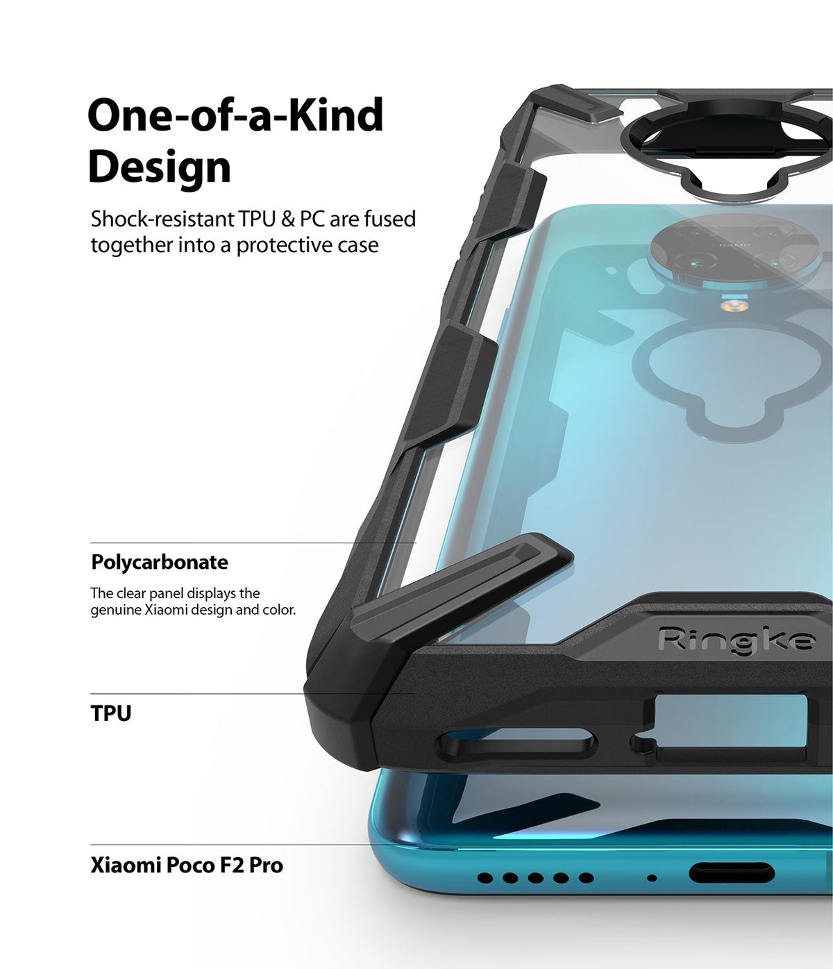 Redmi K30 Pro / Poco F2 Pro Case | Fusion-X - Close-up of a rugged black TPU and clear PC phone case on a blue smartphone.