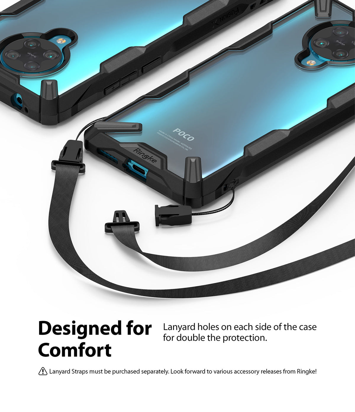 Redmi K30 Pro / Poco F2 Pro Case | Fusion-X - Black protective phone case with dual lanyard attachment points.