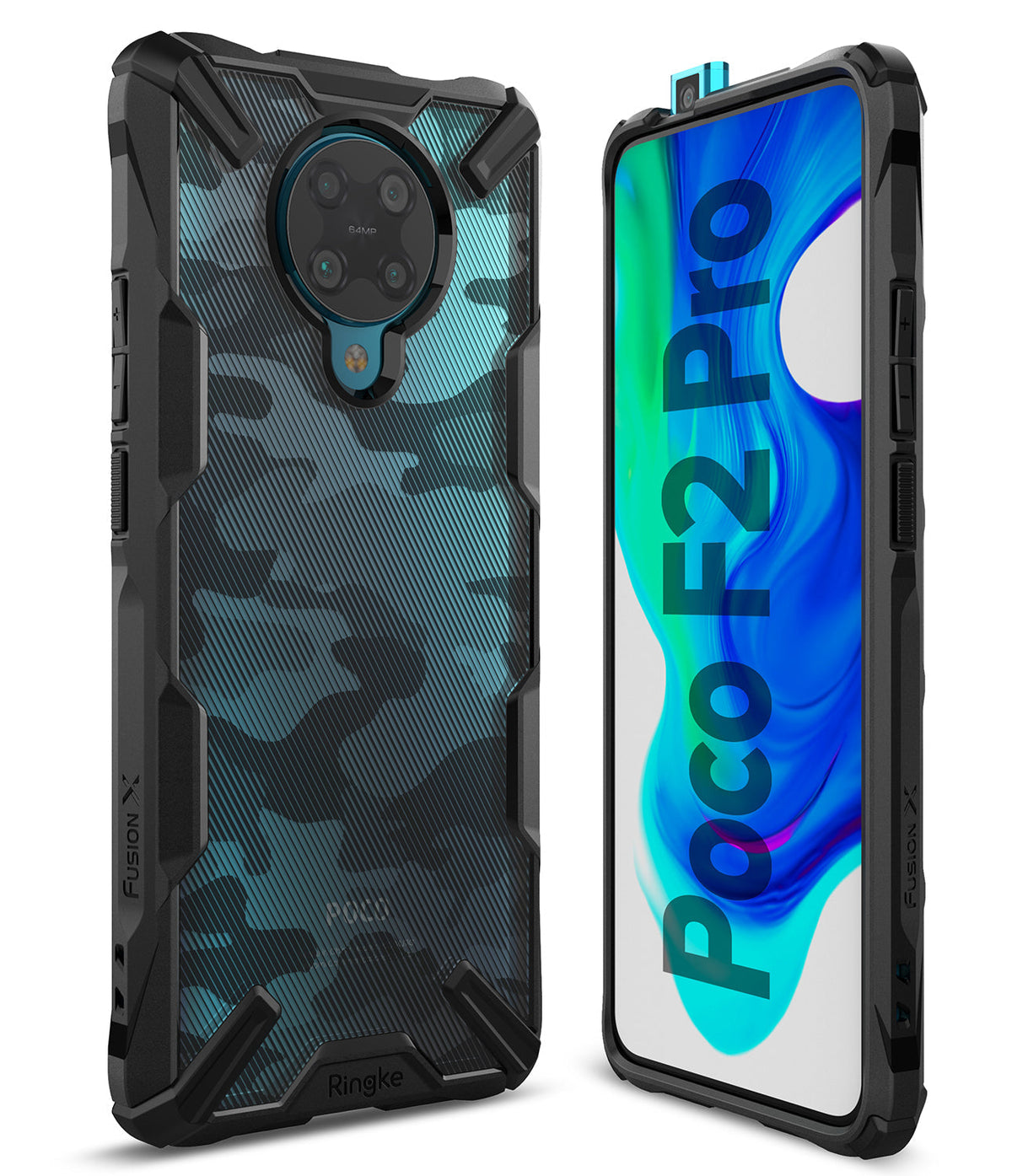 Redmi K30 Pro / Poco F2 Pro Case | Fusion-X - Black camo protective phone case showing rear camera and front screen.