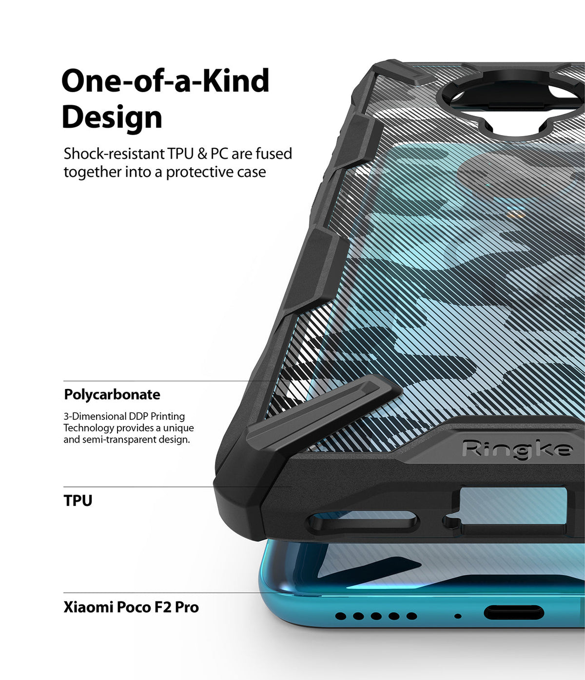 Redmi K30 Pro / Poco F2 Pro Case | Fusion-X - Close-up of a black, shock-resistant phone case with a camo pattern.
