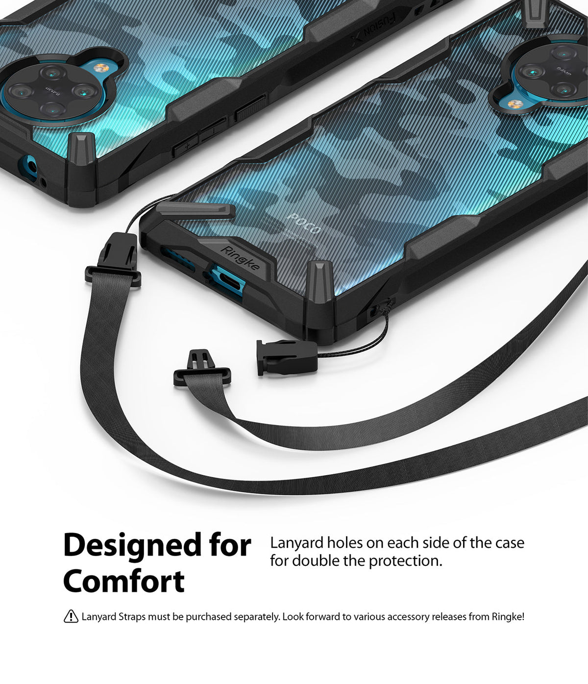 Redmi K30 Pro / Poco F2 Pro Case | Fusion-X - Blue camo phone cases with black bumpers and detachable lanyard straps.