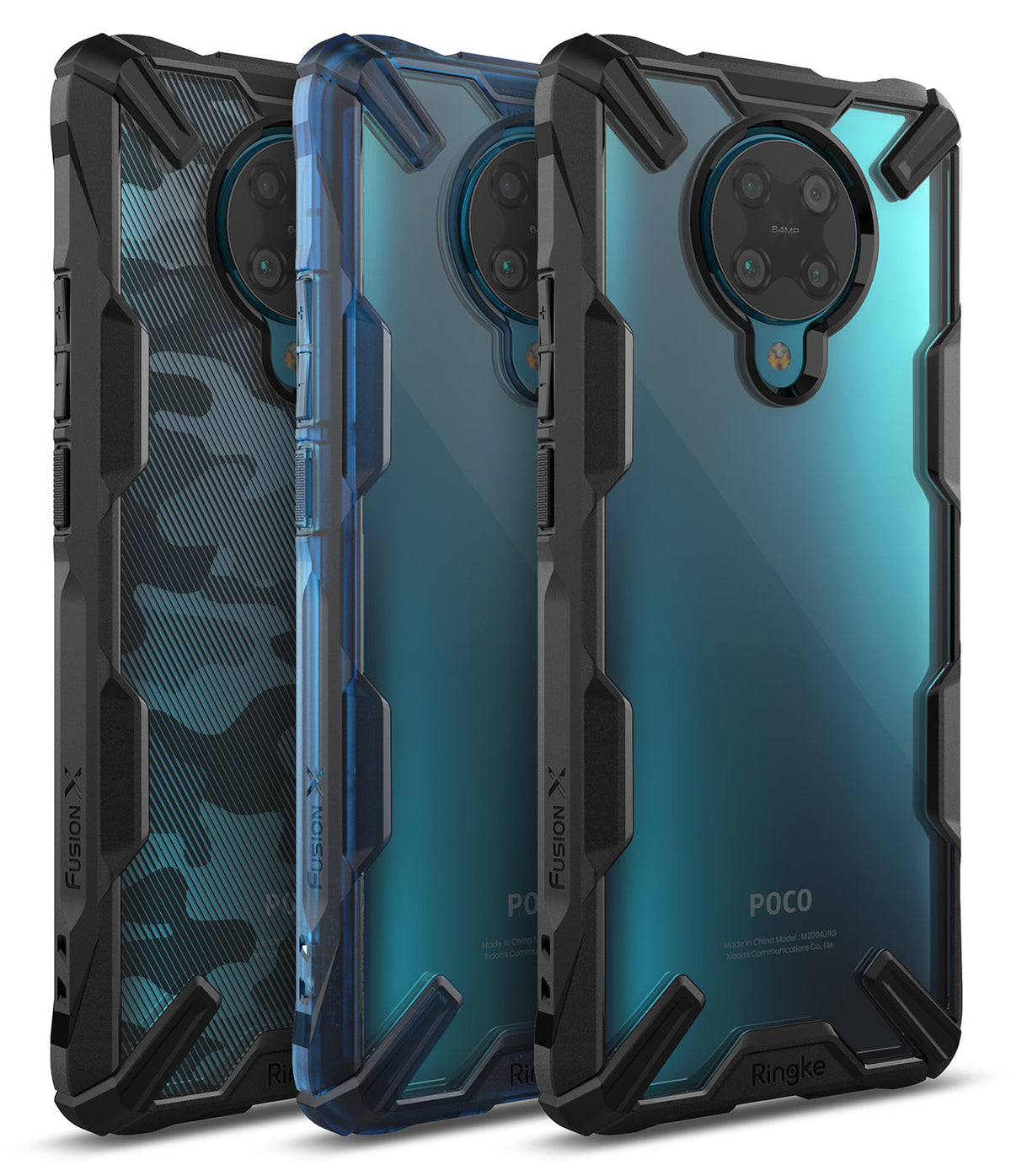 Redmi K30 Pro / Poco F2 Pro Case | Fusion-X - Three rugged Fusion-X phone cases in camo, blue, and clear designs.