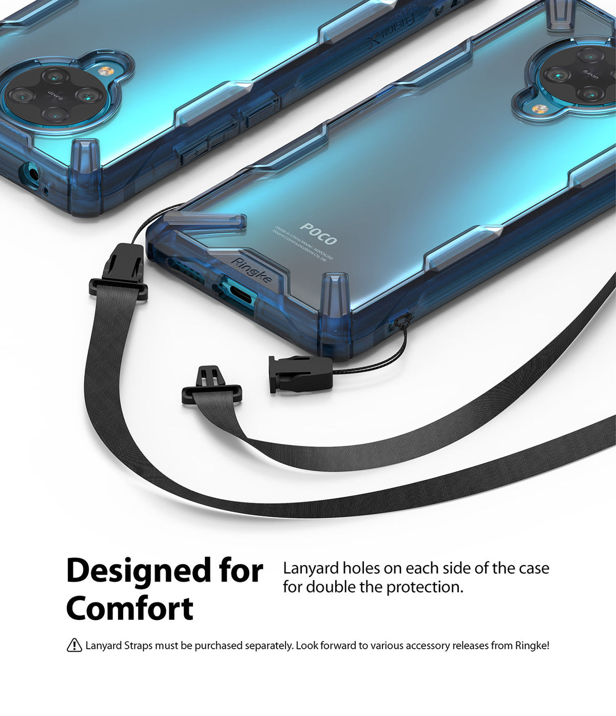 Redmi K30 Pro / Poco F2 Pro Case | Fusion-X - Blue transparent phone case with lanyard attachment points and strap.