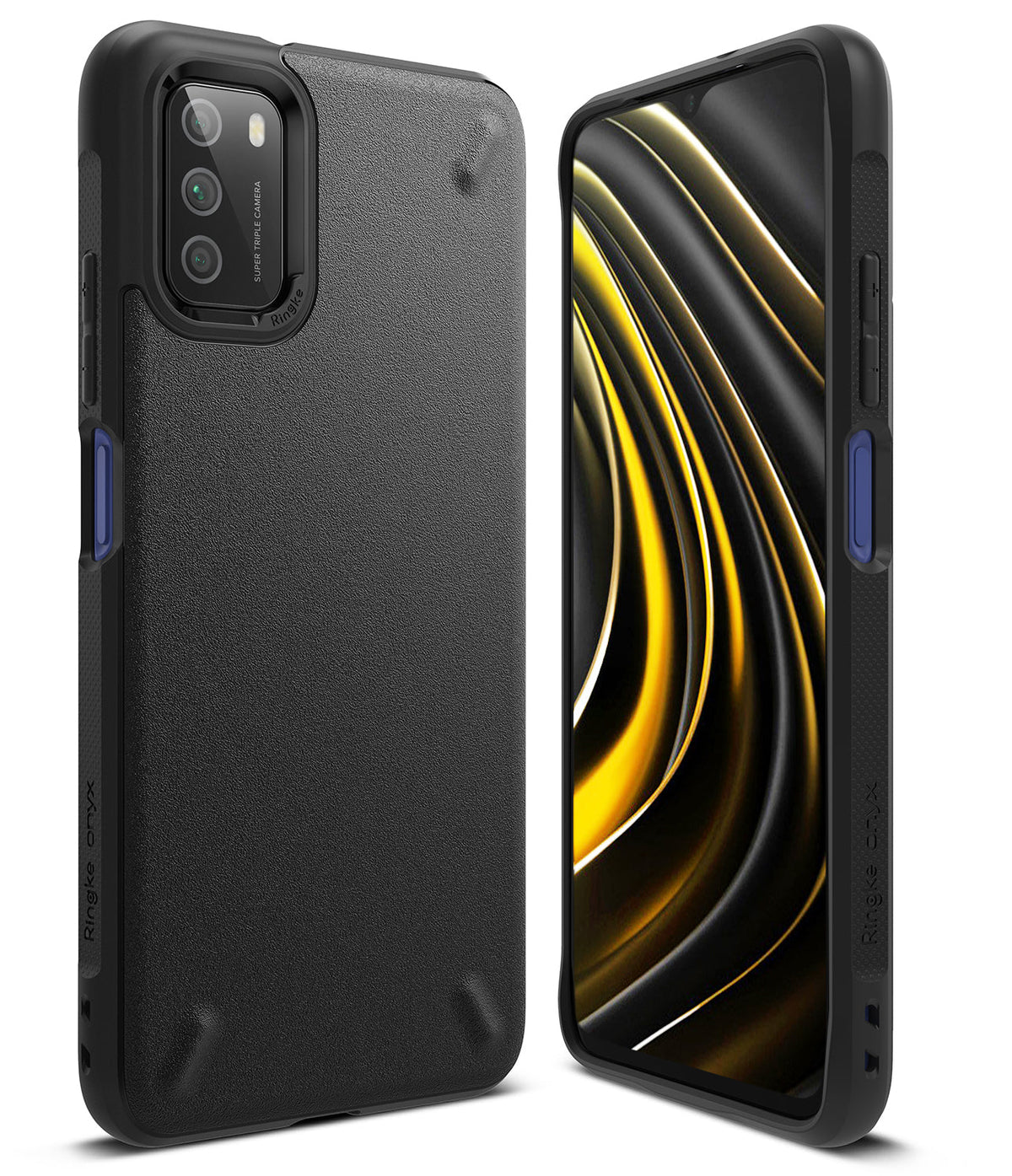 Poco M3 Case | Onyx - Black textured protective phone case shown from back and front angles with a yellow abstract screen.