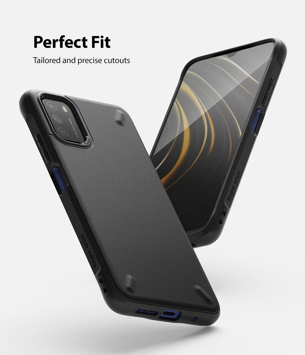 Poco M3 Case | Onyx - Black textured phone case showing front and back views with precise cutouts and blue button accents.
