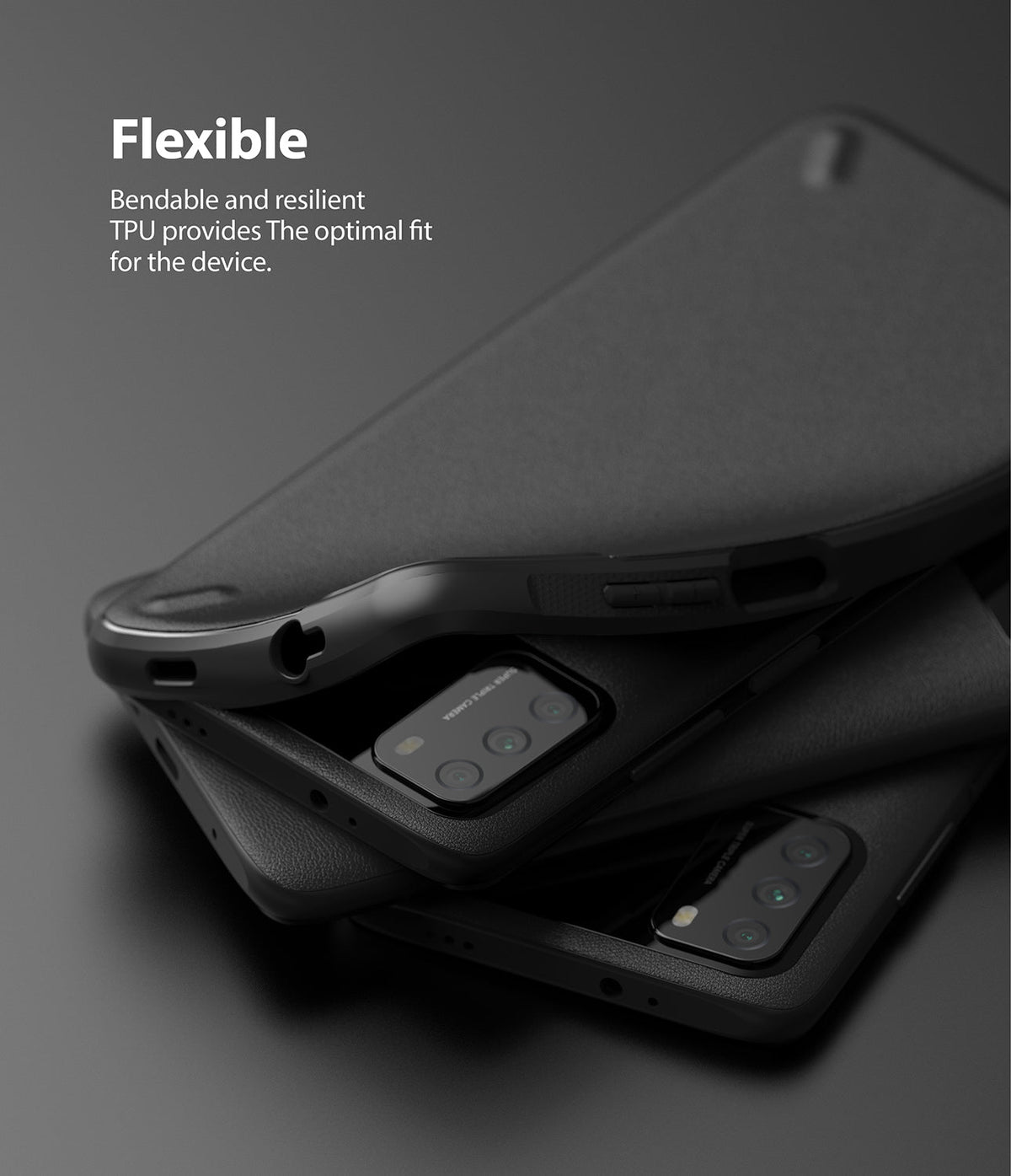 Poco M3 Case | Onyx - A flexible black TPU phone case being bent over a stack of Poco M3 smartphones.
