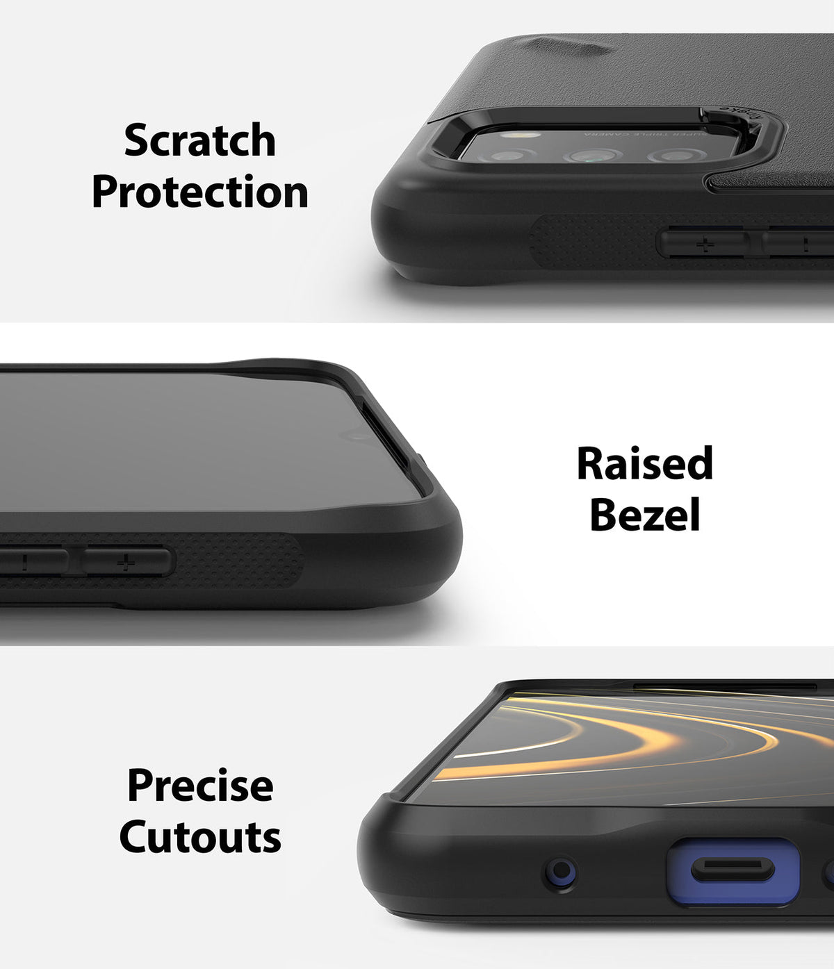 Poco M3 Case | Onyx - Three panels showing scratch protection, raised screen bezels, and precise port cutouts for the phone.