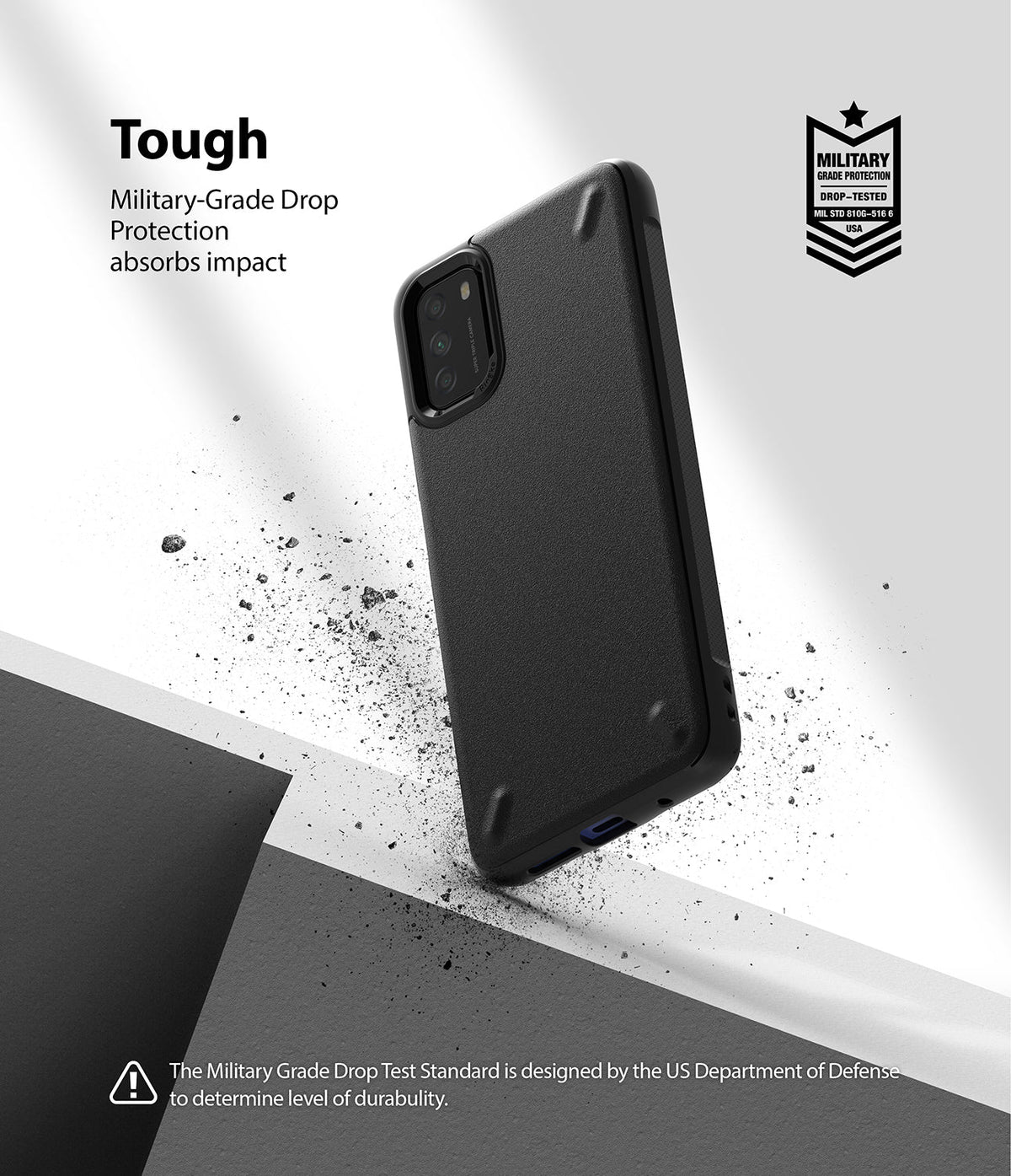 Poco M3 Case | Onyx - Black phone case with textured back and military-grade drop protection badge on a debris-filled background.