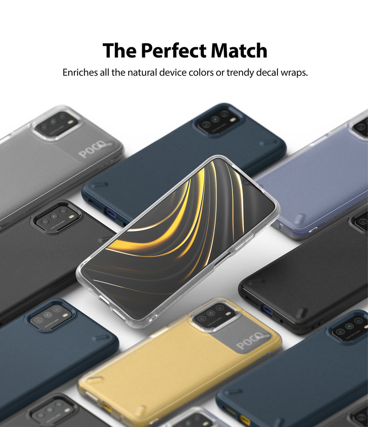Poco M3 Case | Onyx - Multiple Poco M3 smartphones in various colored cases arranged on a white background.