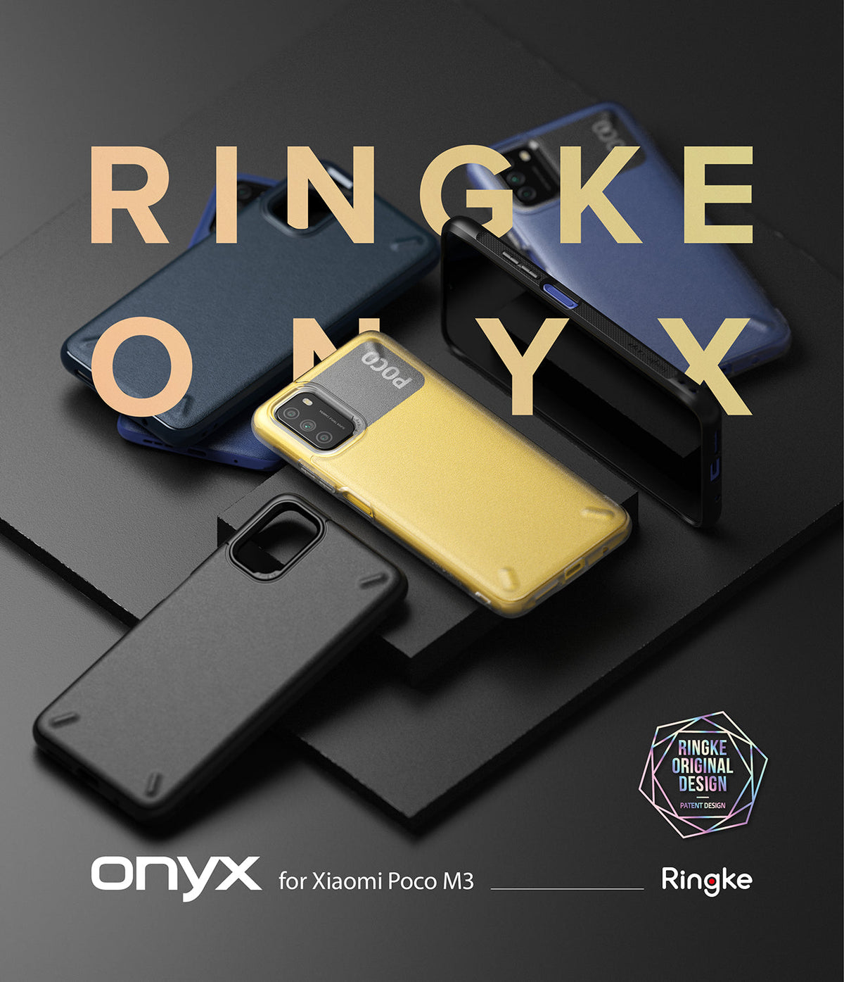 Poco M3 Case | Onyx - Multiple Ringke Onyx phone cases in black and gold arranged on a dark surface with branding text.