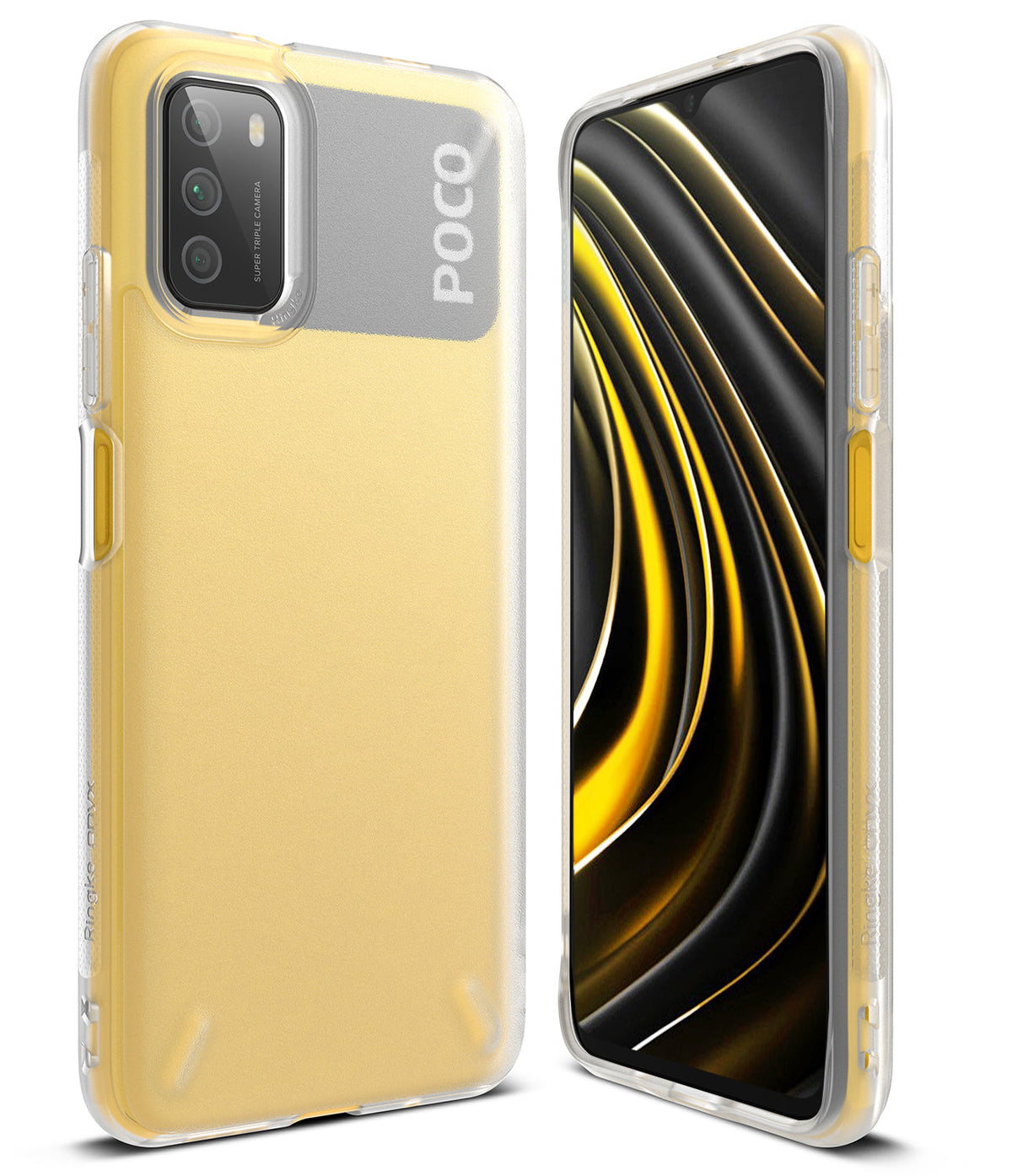 Poco M3 Case | Onyx - Clear protective phone case on a yellow Poco M3, showing back camera cutout and front screen view.