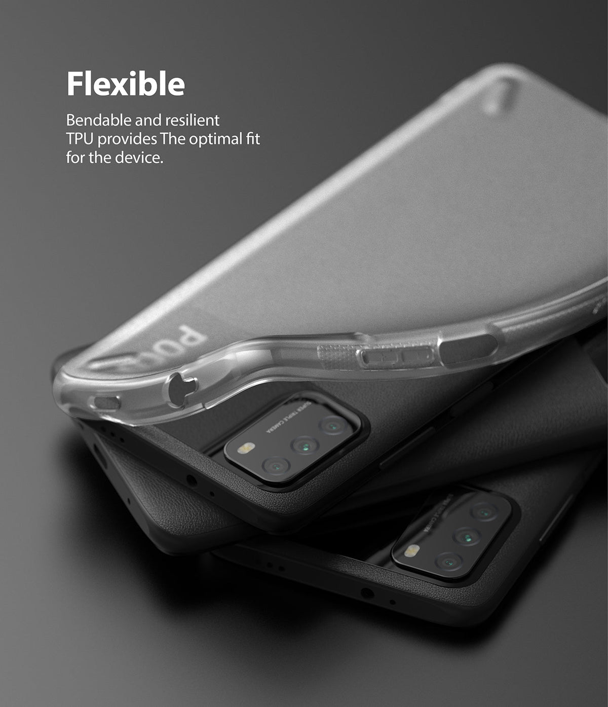 Poco M3 Case | Onyx - A flexible, translucent TPU phone case being bent over two black Poco M3 smartphones.