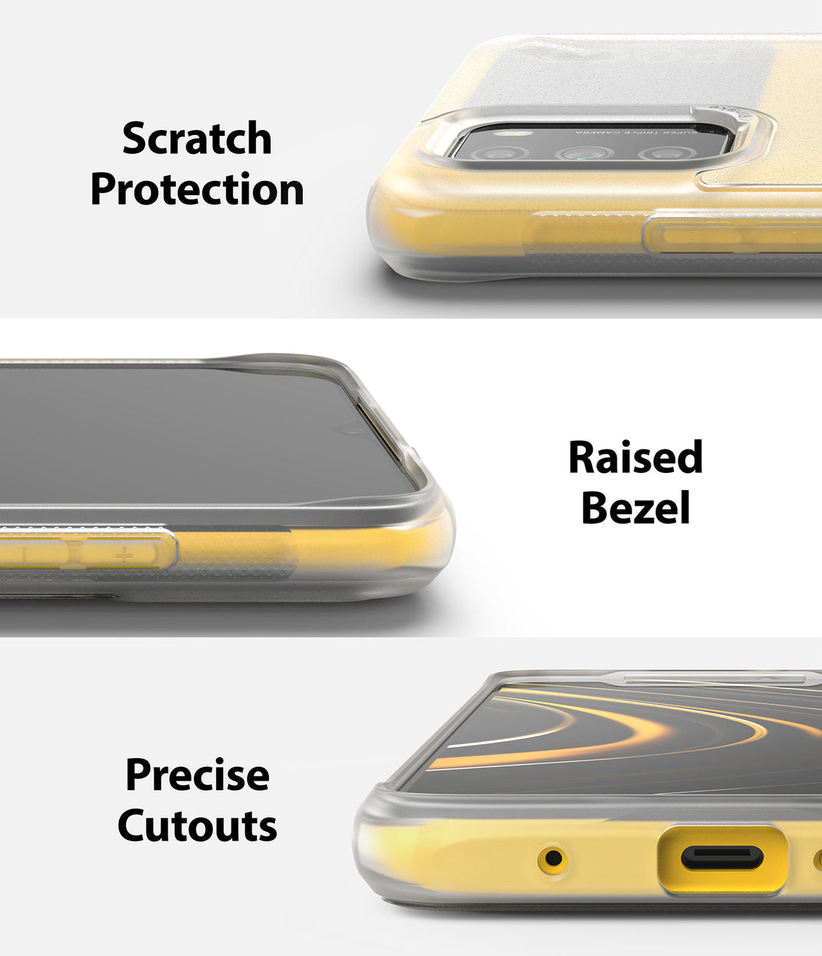 Poco M3 Case | Onyx - Close-up views showing camera protection, raised screen bezels, and precise port cutouts for the phone.