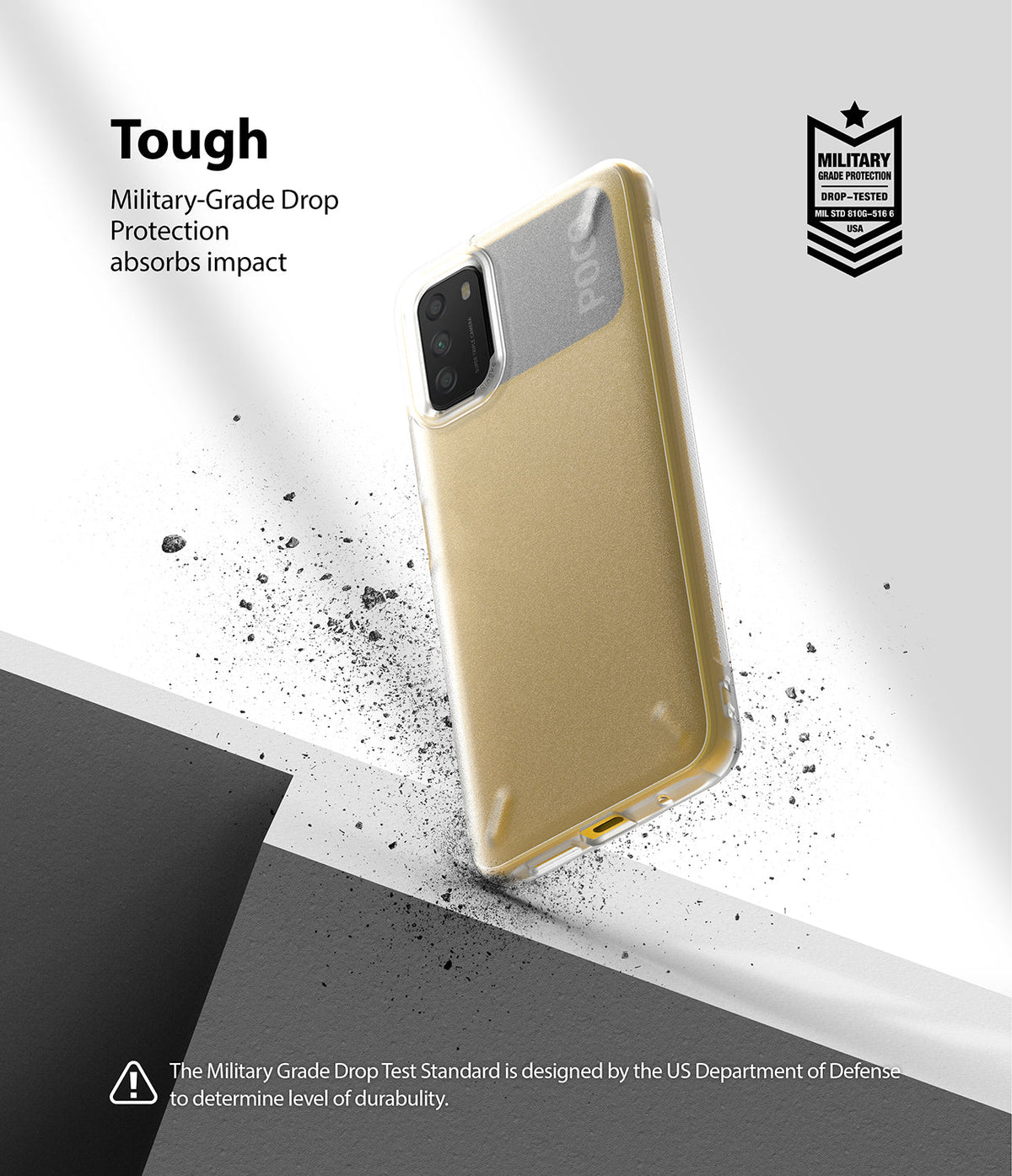 Poco M3 Case | Onyx - A gold and grey phone case floating above a textured surface with debris, highlighting military-grade protection.