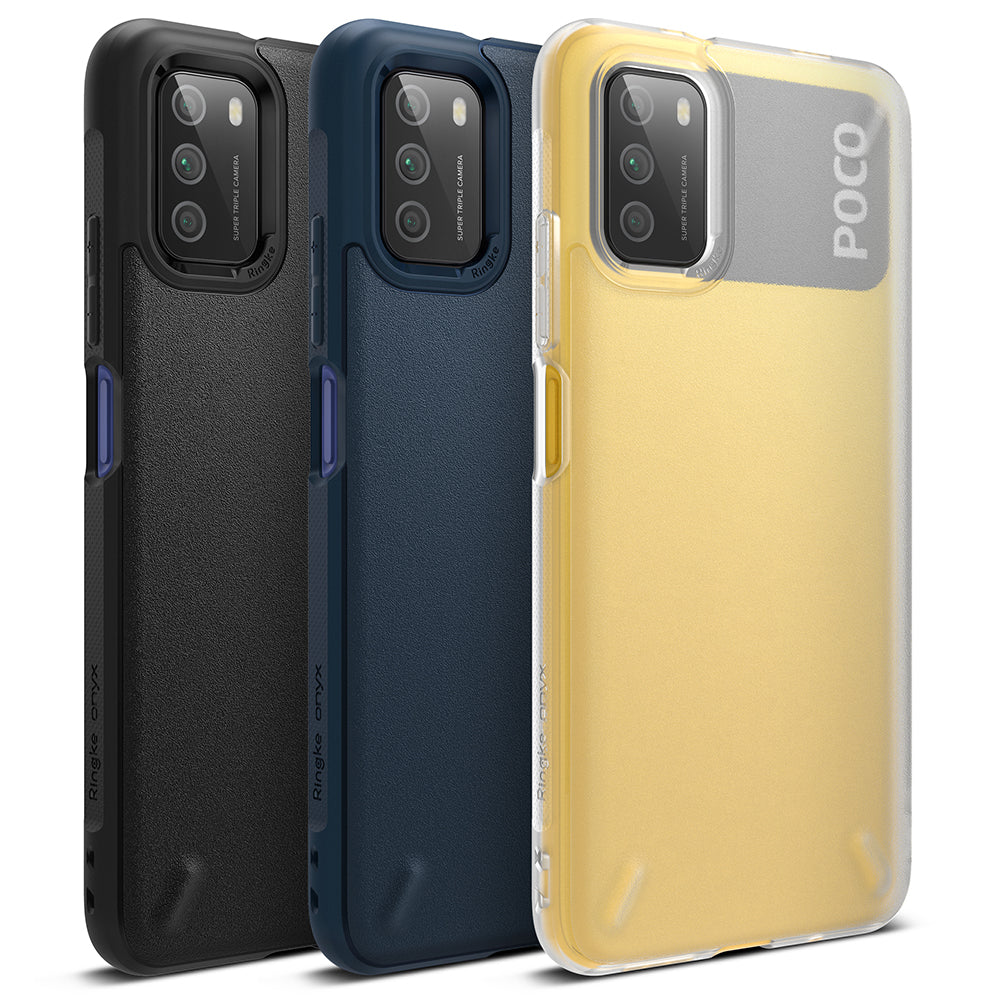 Poco M3 Case | Onyx - Three Poco M3 phone cases in black, navy blue, and clear yellow arranged side-by-side.