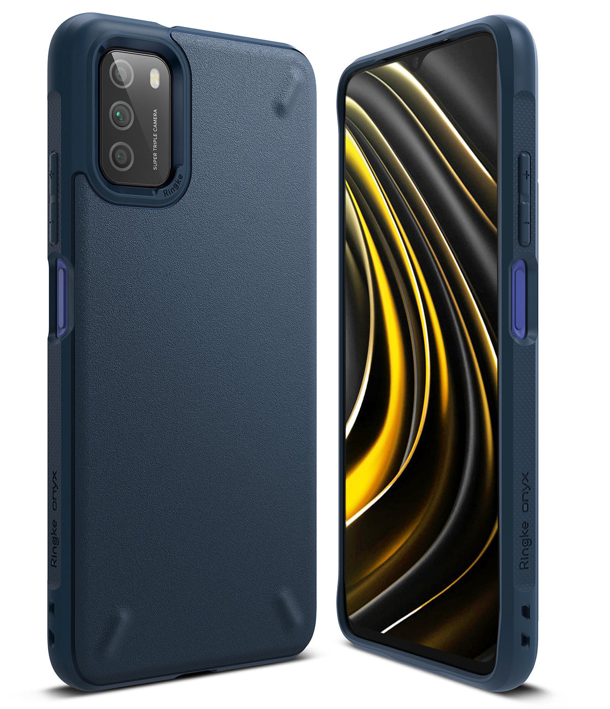 Poco M3 Case | Onyx - Navy blue textured protective phone case shown from back and front angles with a yellow abstract screen.