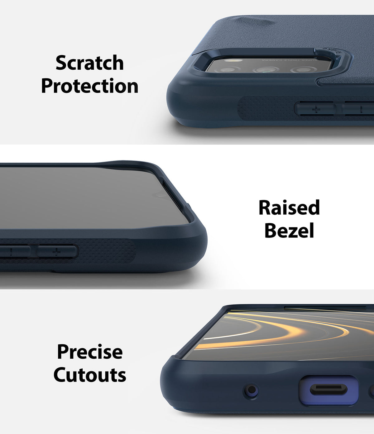 Poco M3 Case | Onyx - Close-up views of a navy phone case highlighting camera protection, raised screen bezels, and port cutouts.