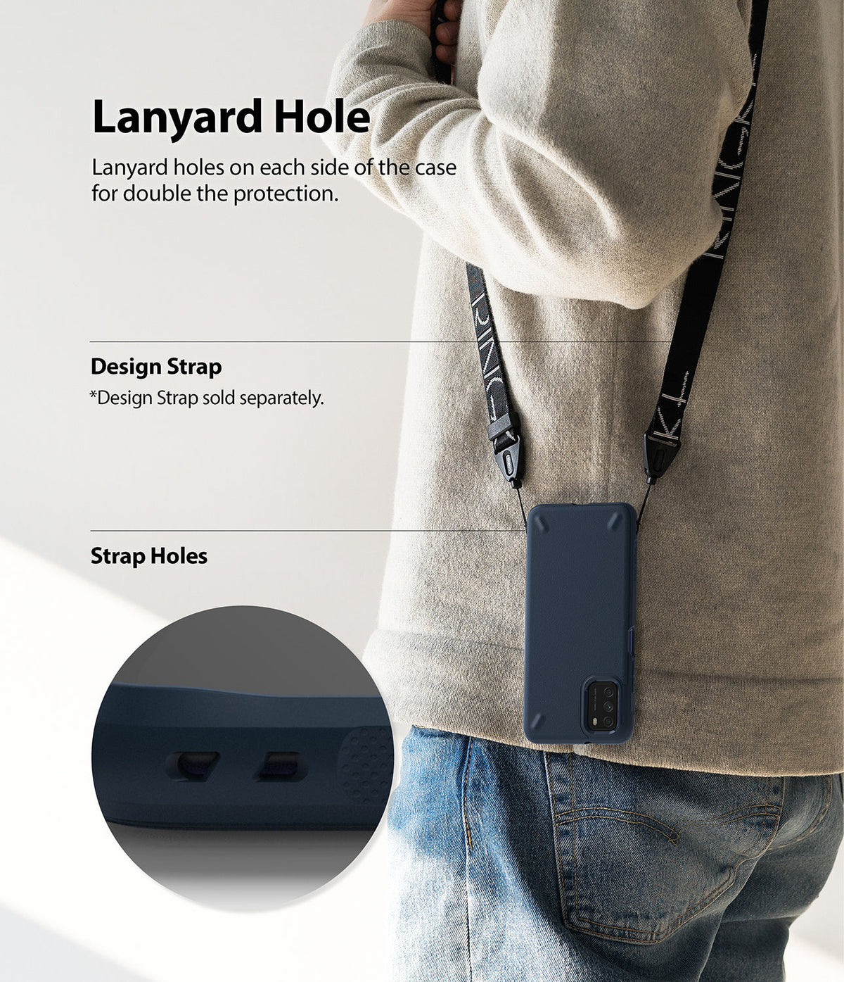 Poco M3 Case | Onyx - A person wearing a navy phone case with a lanyard, featuring a close-up of the dual strap holes.