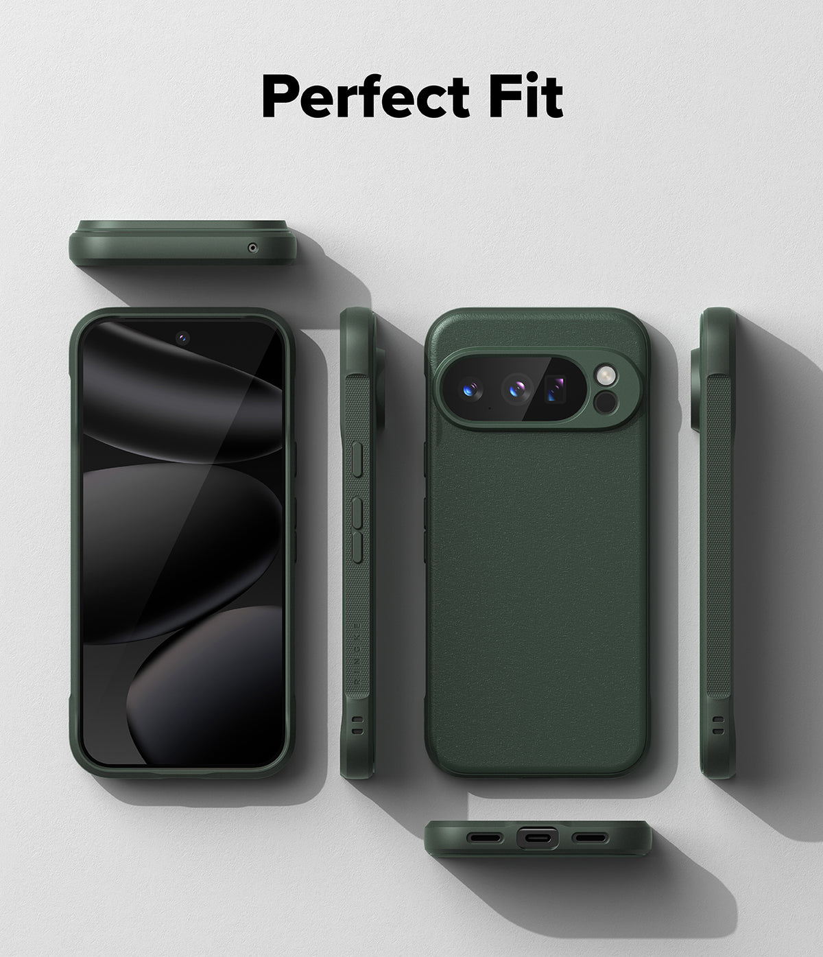 Google Pixel 10 Pro Case | Onyx - Dark green phone case shown from multiple angles against a light gray background.