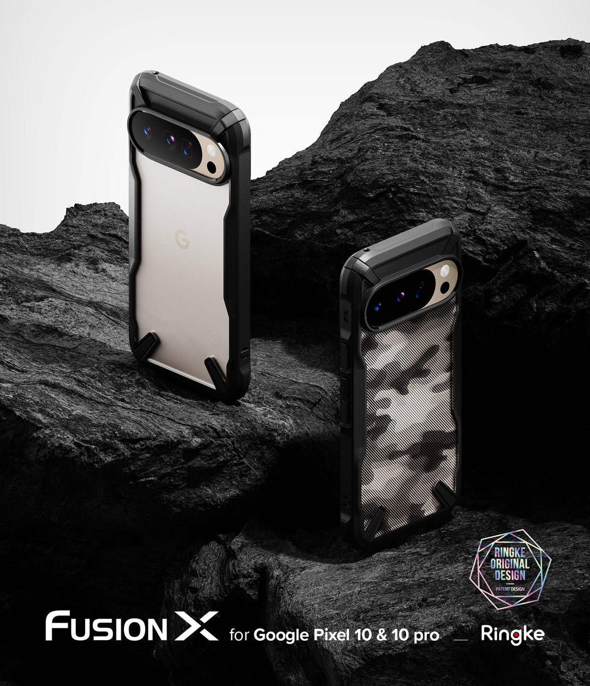 Google Pixel 10 Pro / 10 Case | Fusion-X - Two rugged black Fusion-X phone cases on dark rock, one clear and one camo.
