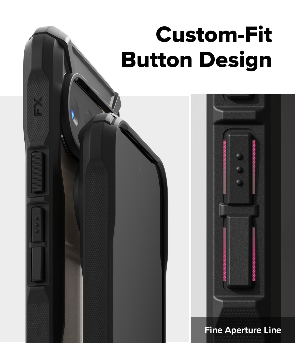 Google Pixel 10 Pro / 10 Case | Fusion-X - Close-up of black phone case buttons with highlighted red aperture lines.