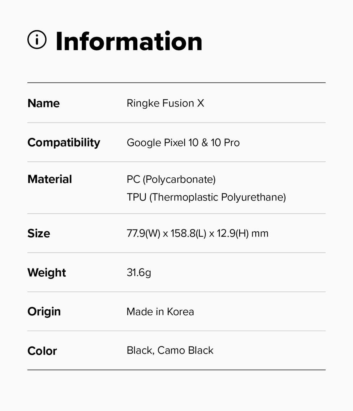 Google Pixel 10 Pro / 10 Case | Fusion-X - Information table listing specifications for the Ringke Fusion X phone case.