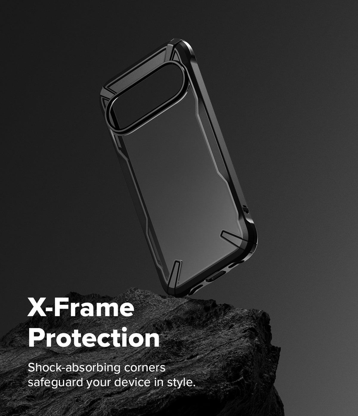 Google Pixel 10 Pro / 10 Case | Fusion-X - Black protective phone case hovering above a dark, jagged rock surface.