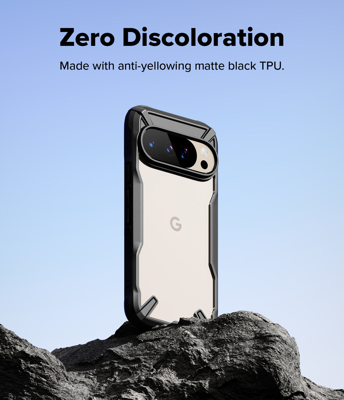 Google Pixel 10 Pro / 10 Case | Fusion-X - Matte black protective phone case on a rock against a blue sky background.