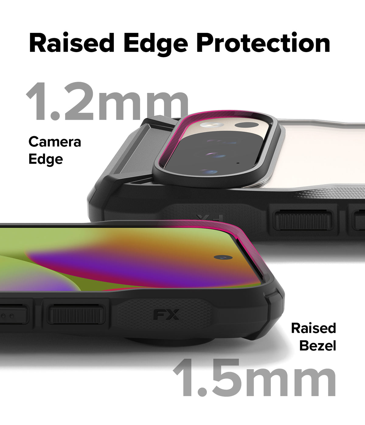 Google Pixel 10 Pro / 10 Case | Fusion-X - Close-up of phone case showing 1.2mm camera edge and 1.5mm screen bezel protection.