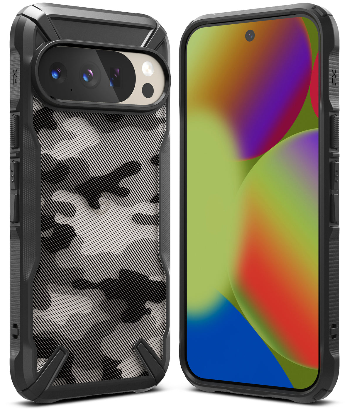 Google Pixel 10 Pro / 10 Case | Fusion-X - Rugged black phone case with camo back pattern shown from front and back.