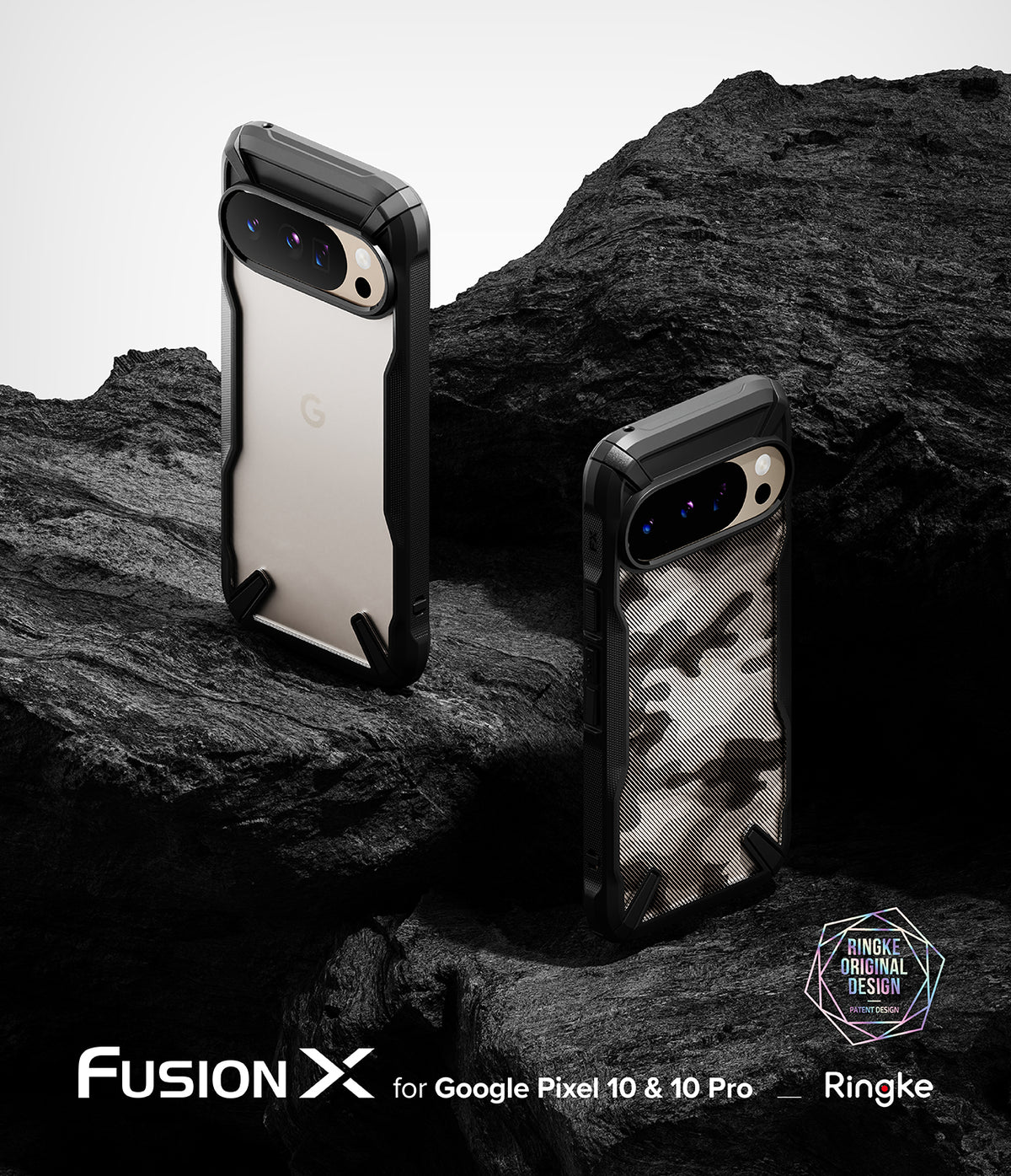 Google Pixel 10 Pro / 10 Case | Fusion-X - Two rugged phone cases on black rock, one clear and one with camo pattern.