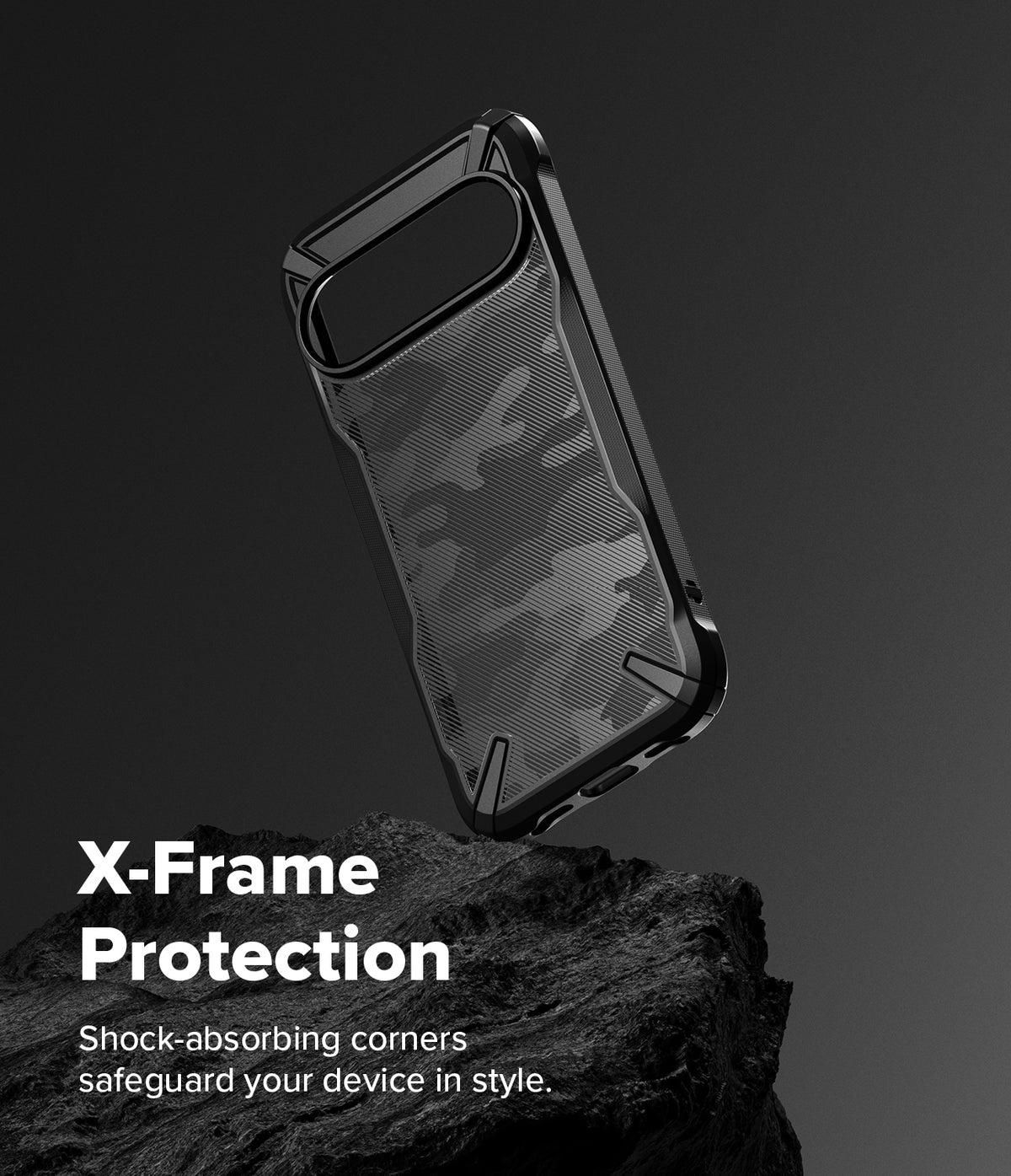 Google Pixel 10 Pro / 10 Case | Fusion-X - Black camouflage phone case with reinforced corners floating above a rock.