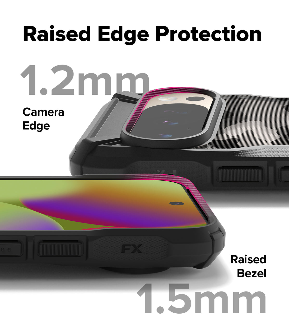 Google Pixel 10 Pro / 10 Case | Fusion-X - Close-up of phone case showing 1.2mm camera edge and 1.5mm screen bezel protection.