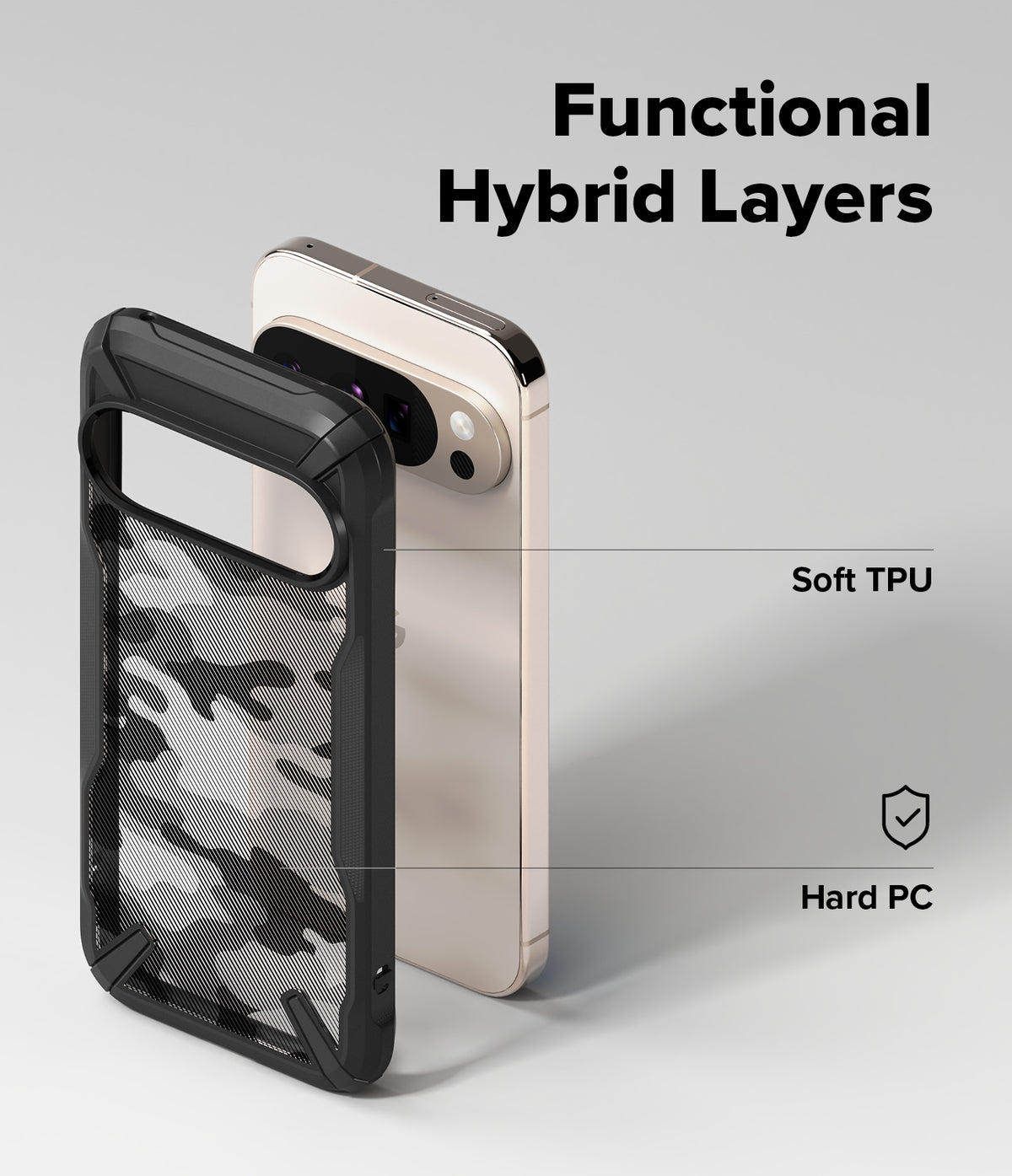 Google Pixel 10 Pro / 10 Case | Fusion-X - Exploded view of a phone case showing soft TPU and hard PC layers.