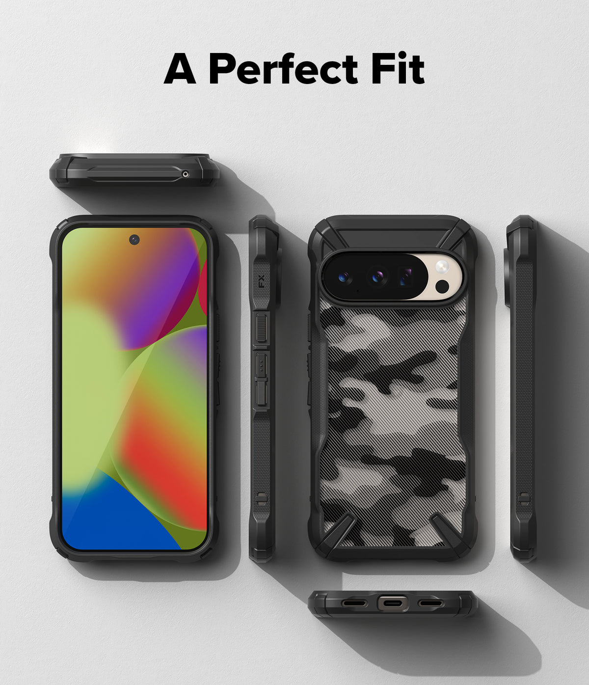 Google Pixel 10 Pro / 10 Case | Fusion-X - Multiple views of a black camouflage phone case on a Google Pixel device.