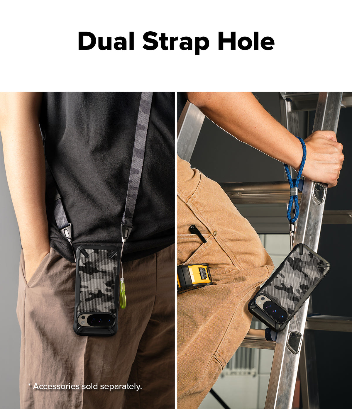 Google Pixel 10 Pro / 10 Case | Fusion-X - Two views showing a camo phone case with dual strap holes for neck and wrist lanyards.