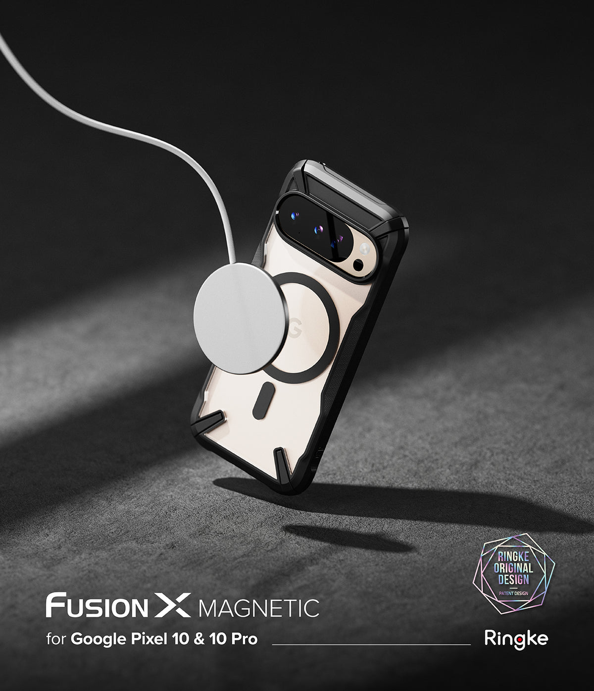 Google Pixel 10 Pro / 10 Case | Fusion-X Magnetic - A smartphone in a clear, rugged case with a magnetic charger attached.