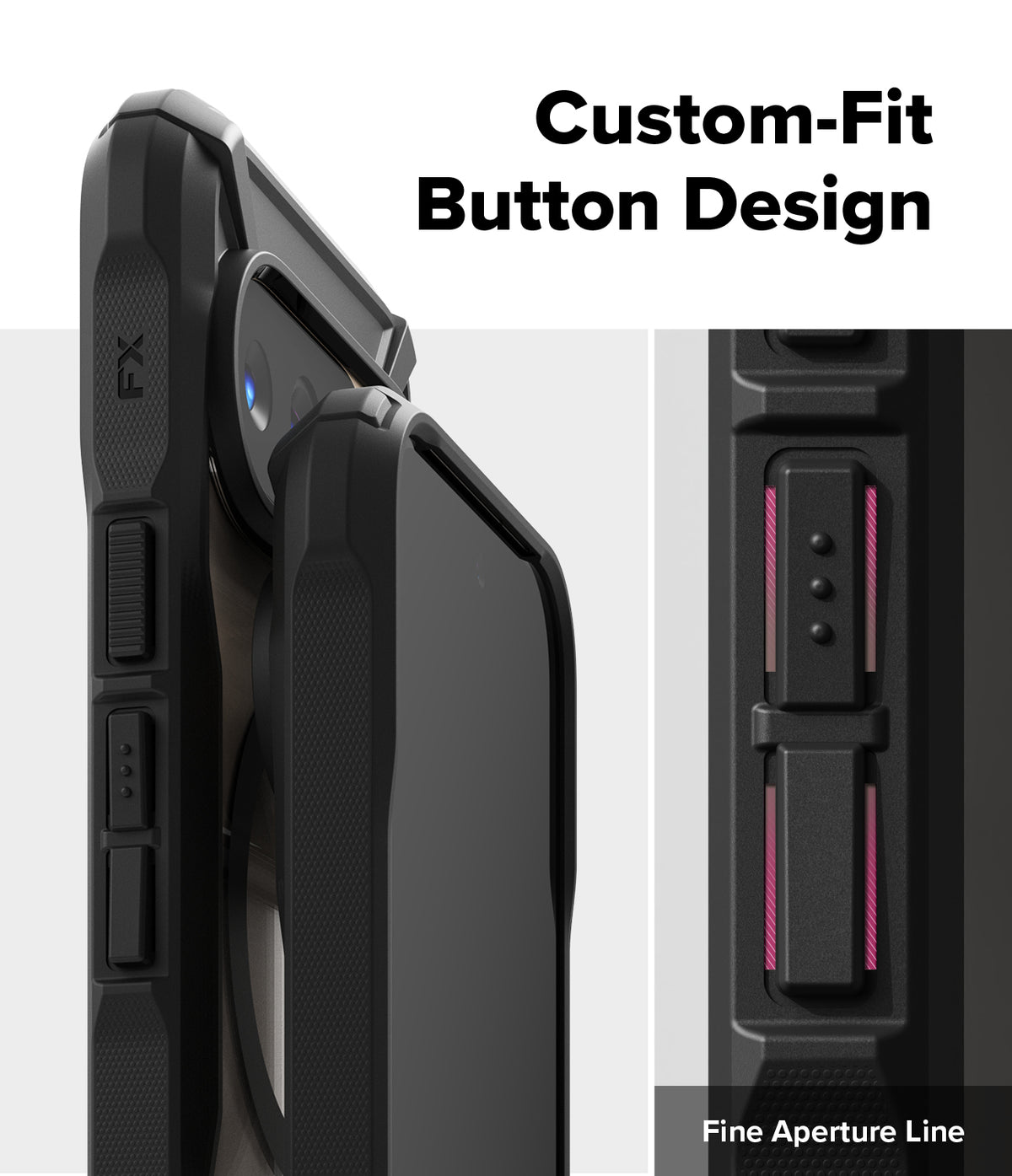 Google Pixel 10 Pro / 10 Case | Fusion-X Magnetic - Close-up of black phone case buttons with fine aperture lines.